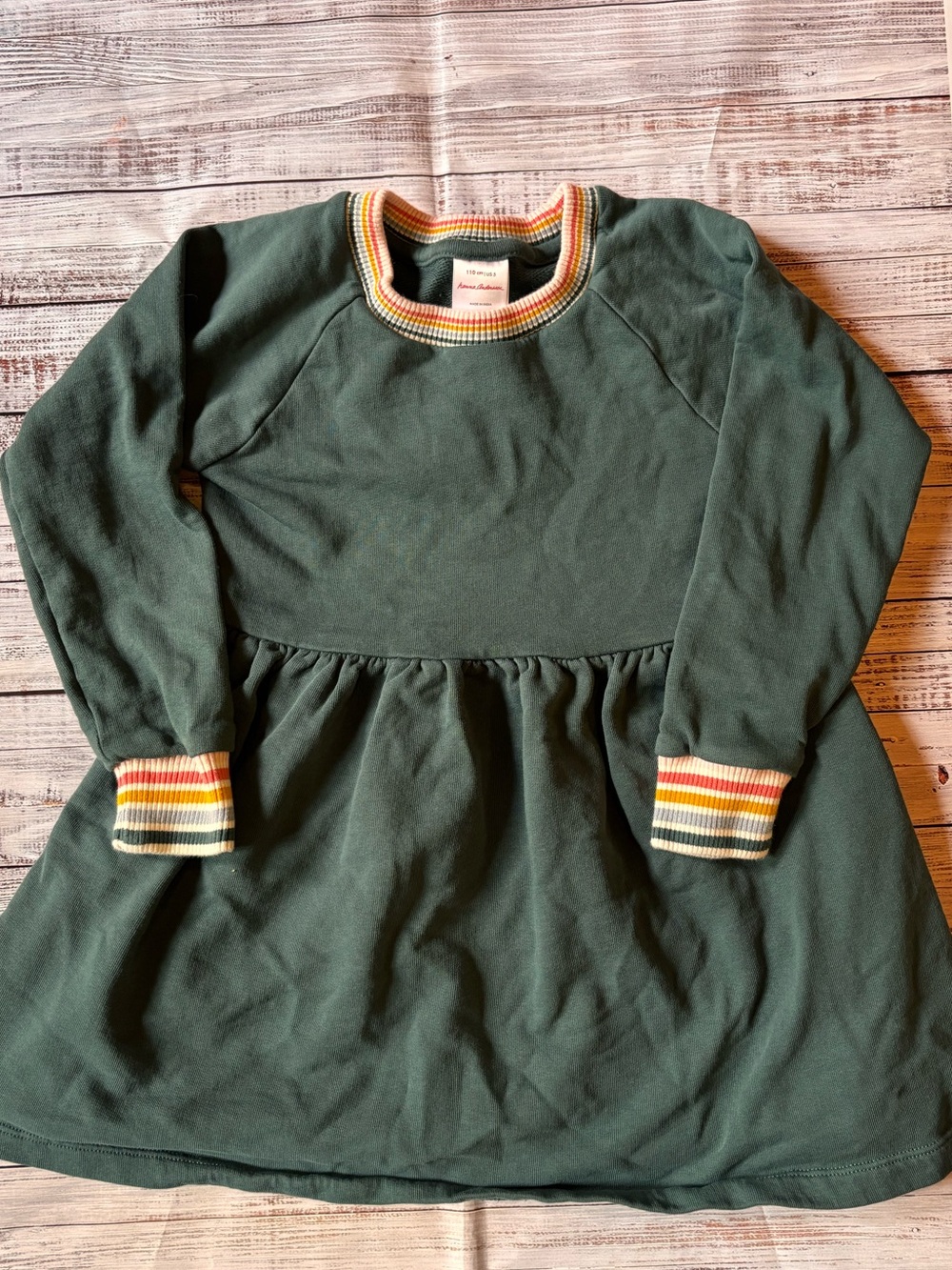 Hanna Andersson Forest Green French Terry Dress with Rainbow Trim